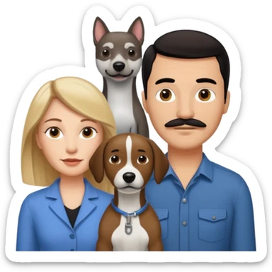 Quiero a una mujer blanca  con el pelo por el hombro lacio castaño claro con un hombre morochito con el pelo negro y bigote, y un perro blanco tipo perro cabeza de martillo sticker