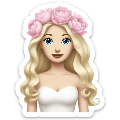 White bride with long light blonde hair and blue eyes with light pink peonies in hair white skin  sticker