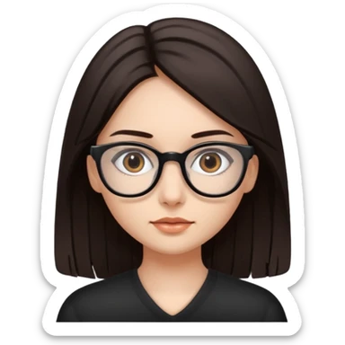 A girl with fair skin and dark brown eyes. Long, straight, dark brown hair. Black prescription glasses. sticker