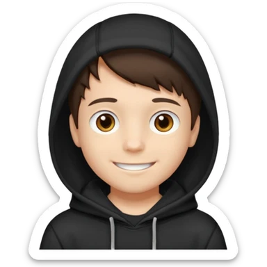 A brunette boy, short straight hair, light brown eyes, with a black sweatshirt with a hoodie, and smile without visible teeth  sticker