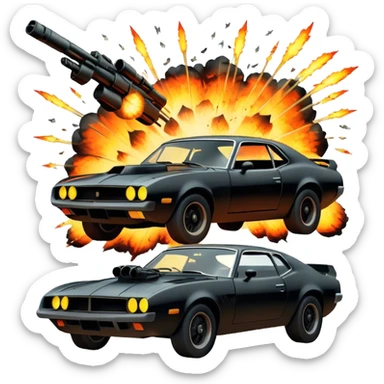 Photorealistic Icon for Action Movies: Dynamic close-up collage of iconic action movie scenes featuring explosions, fast car, combat and weapons. Include silhouettes of famous action heroes, dramatic lighting and a sense of high-octane energy. Transparent background. sticker