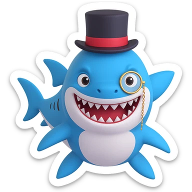 Add a monocle to the cute shark with a fancy top hat, friendly expression, no background. sticker