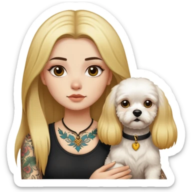 a  girl with glod  straight long hair and tattoos and a Bishon frise sticker