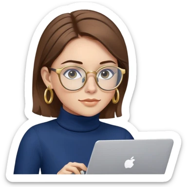 Female programmer with brown hair, navy blue turtleneck, gold hoop earrings, blue computer glasses, using laptop sticker