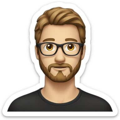 guy with straight long brown hair and blue eyes and transparent glasses and with beard and wears black tshirt sticker