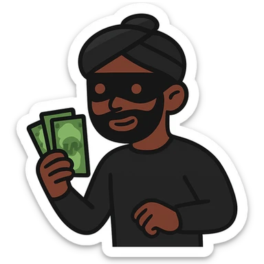 flat toon style black robber holding cash, wearing a turban sticker
