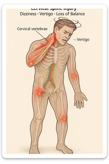 Uomo con dolore per infortunio vista anatomica in piedi con dolori cervicali vertigini e sbandamenti sticker
