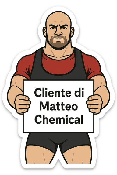 Powerlifter con in mano una targa o un foglio con scritto "Cliente di Matteo Chemical" sticker