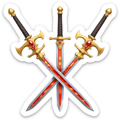 Two crossed swords that are golden in blade and handle and have fiery and royal appearence to them as well as red gem stones sticker