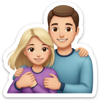 A couple - a guy and a girl . The girl pulls the guy's cheeks. He seems to be hugging and touching him . The guy is happy sticker