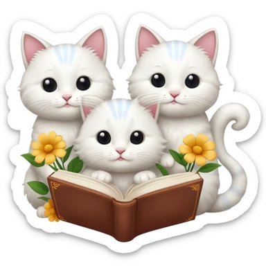  3 white Cats reading book + flower sticker