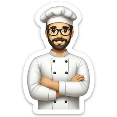 30 years old chef with beard and smooth short dark hair and big glasses proudly holding a pizza sticker