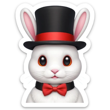 Cute emoji-style white bunny wearing a black top hat with a red band and a red bow tie, big round eyes, fluffy fur, clean mascot style, centered, transparent background, 1:1 ratio. sticker
