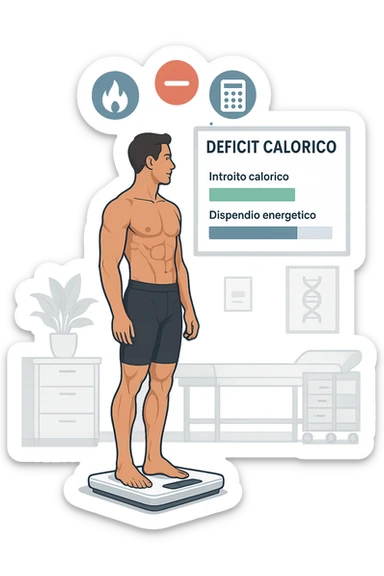 a man stands on a digital scale, looking at a nutrition chart that shows his daily calorie intake is lower than his energy expenditure. Floating icons above his head display a negative calorie balance, and his body appears slightly leaner, with visible muscle definition. The background is a modern clinic, emphasizing the concept of caloric deficit. scritto in italiano sticker