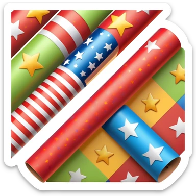 long cylindrical roll of glossy wrapping paper, partially unrolled, colorful pattern with stars, stripes, festive motifs, smooth reflective finish, crisp edges, visible cardboard tube at center, no scissors tape or ribbon, apple emoji style, soft lighting, subtle shadows, emoji scale sticker