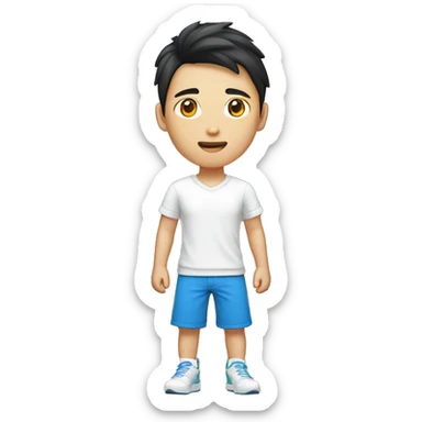 teen guy asian with short pants, white shirt sarcasm imprint, colorful teel blue running shoe sticker