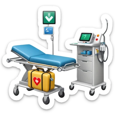 An emergency room corner with defibrillator, monitors, and crash cart.
 sticker