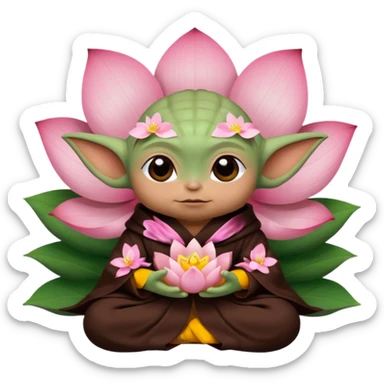 Baby Yoda con su tunica chocolate oscuro sentado dentro de una flor de loto sticker