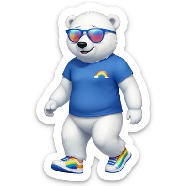 muscular friendly anthropomorphised polar bear walking confidently, wearing a royal blue t-shirt, black pants, white trainers, and oversized rainbow glasses sticker