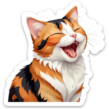 Cinematic Cute Yawning Calico Cat Portrait Emoji, Head tilted mid-yawn with a charming, relaxed expression, showcasing a soft patchwork fur of vibrant orange, black, and white, simplified yet irresistibly adorable, highly detailed, glowing with a cozy, gentle radiance, high shine, exuding sleepy yet endearing charm, styled with a soft glowing outline, capturing the essence of a calico cat caught in a delightful yawn that seems ready to cuddle up for a nap! sticker