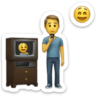 a man looking a phone in front of a television sticker