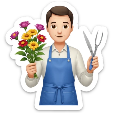 Middle-aged male florist – apron on, trimming stems with scissors sticker