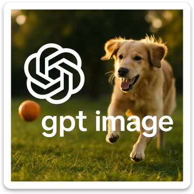  logo of chat gpt with text "gpt image" on the background of a dog chasing ball, realistic image sticker