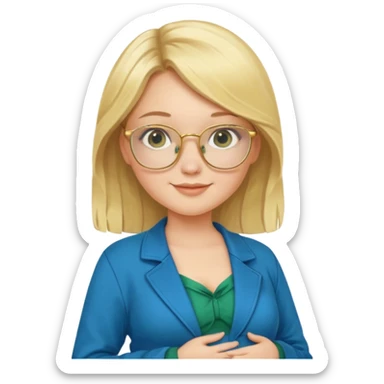 pregnant blonde 18-year old with golden glasses in a bright blue dress and a dark green jacket on top of the blue dress sticker