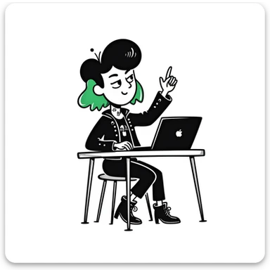 Alternative rocker girl with green and black hair, nose ring, neck tattoo, wearing combat boots and studded leather jacket, confidently raising hand while sitting at desk with laptop in music class sticker