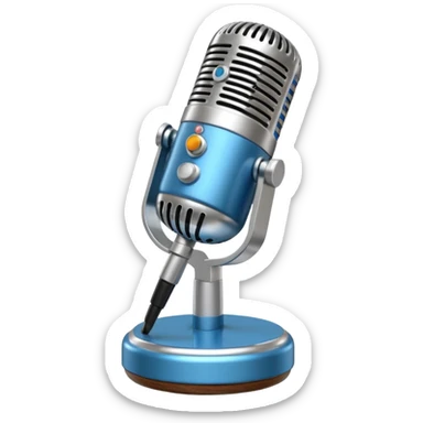 3D render of Elvis Microphone, vintage 1980s audio equipment aesthetic, tactile analog buttons, shiny silver metal grille with a blue handle, mixed wood grain and brushed aluminum textures, Apple emoji style, isolated on white background --v 6.0 sticker