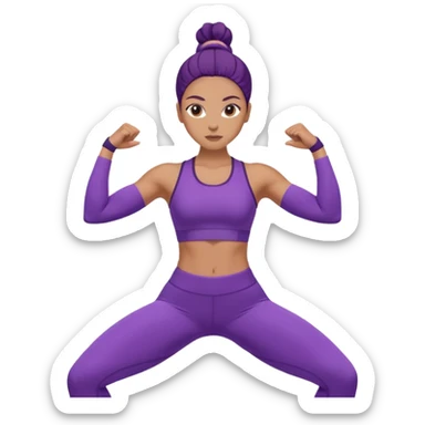 A woman dressed in purple performing warrior one pose, sunrise lighting, peaceful and strong vibe. sticker