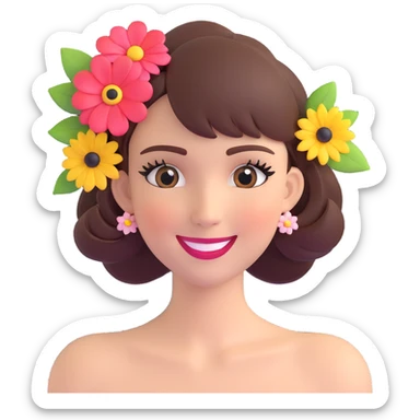 3D emoji of a smiling, feminine face with big eyelashes, no body, colorful and friendly, romantic style, with feminine accessories, motif: flower, transparent background sticker