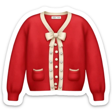 red cashmere cardigan with 8 tiny ivory bows all over front and sleeves, realistic 3d isolated, soft texture sticker