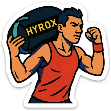 athlete with Hyrox sandbag on shoulder in vibrant toon style sticker