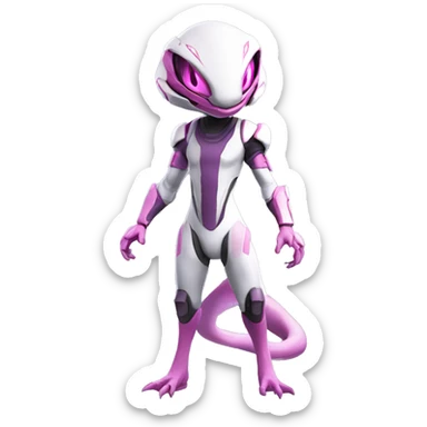 White Anthro-Lizard-Reptile-Alien-Genesect-Mewtwo-Fakémon, with pink eyes, with a futuristic visor-helmet, wearing a techwear-suit, Full Body sticker