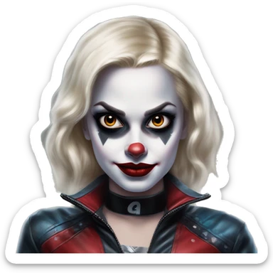Intergalactic superhero in Harley Quinn style, oil paint, mysterious eyes, intricate lips, masterpiece portrait, odd perspective, beautiful, desirable, logical sticker