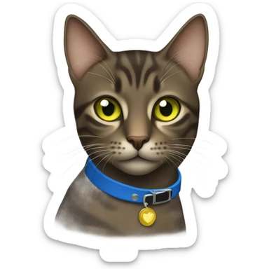Dark brown tabby cat blue collar yellow green eyes sticker