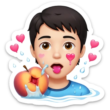 Cute boy, light pink eyes, grown out dark hair, eating a peach, pink hearts floating , water dripping from mouth sticker