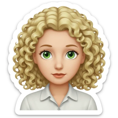 a woman in her late 40s and has greyish greenish eyes and blonde curly hair sticker