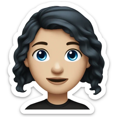 girl, long black wavy hair, blue eyes, fair skin in a black T-shirt sticker