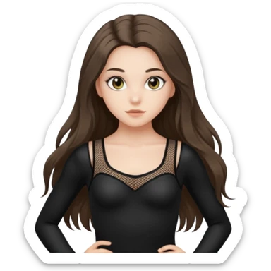 pretty white brunette teen long hair with hazel eyes in a black leotard and fishnets sticker