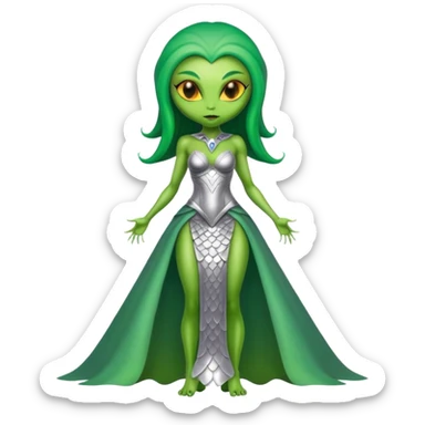 Green Alien woman with scales skin in silver dress, full figure, yellow eyes sticker