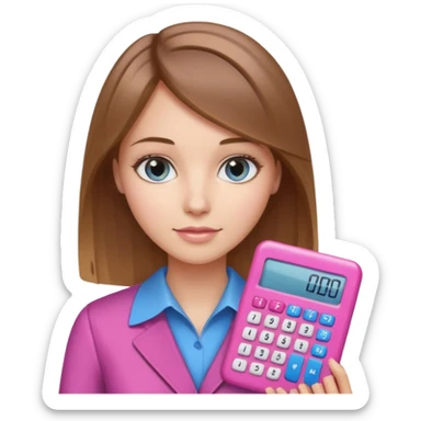 female with straight brown hair with blonde highlights and blue eyes holding a pink calculator sticker