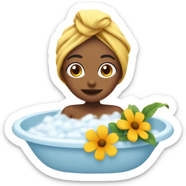 girl with towel on head takes bath with flowers sticker