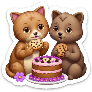 Cat eating a cookie next to a bear that eats a cake surrounded by purple and pink flowers  sticker