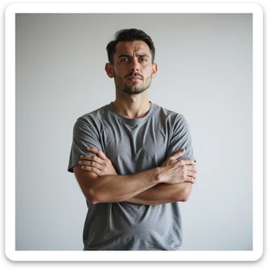 realistic 30-year-old man suffering from anxiety, standing with arms crossed and tense look, minimalist background sticker