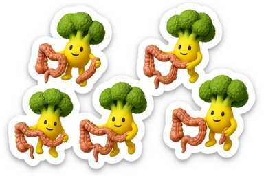 broccoletti stile emoji iphone fluttuano in aria stringendo in mano un pezzo di colon intestinale, iperrealistico 4k sticker
