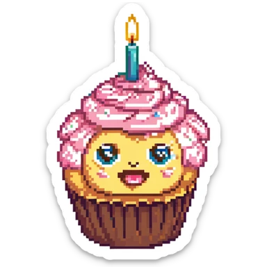 A cupcake with pink frosting, big eyes, two teeth, and a lit candle on top sticker