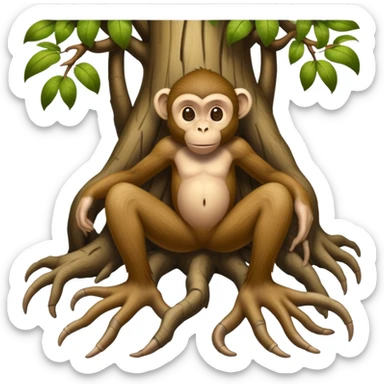 A creature with realistic human feet at the bottom, tree roots forming the legs, and a cartoon monkey face on top sticker