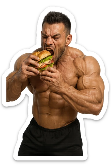 bodybuilder che mangia affamato un panino, iperrealistico 4k sticker